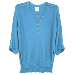 Free People Oversized Henley Knit Sweater Blue Cotton Roll Tab Sleeve Small